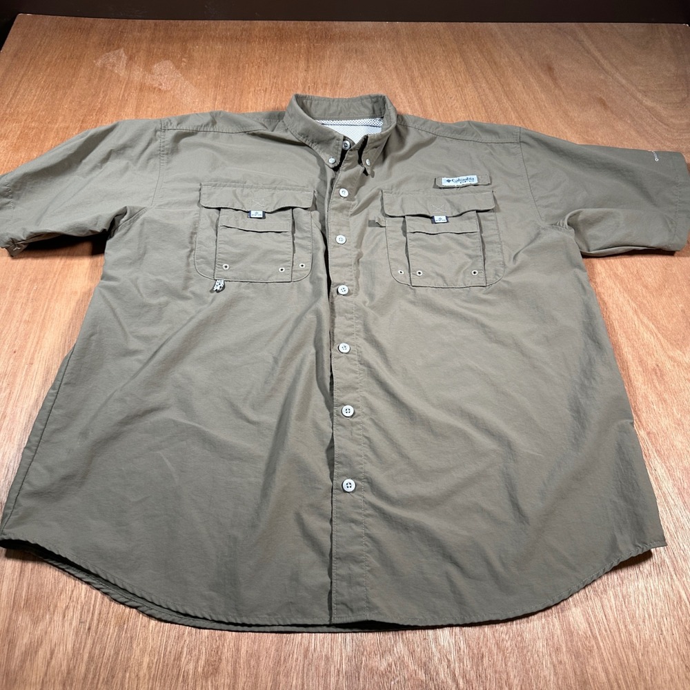 Columbia PFG Fishing Shirt Mens Large Olive Green Short Sleeve Omni-Shade FM7047